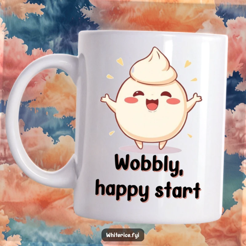 Funny mug with a playful, wobbly rice pudding character wobbling ecstatically, spreading sheer delight and creamy happiness.