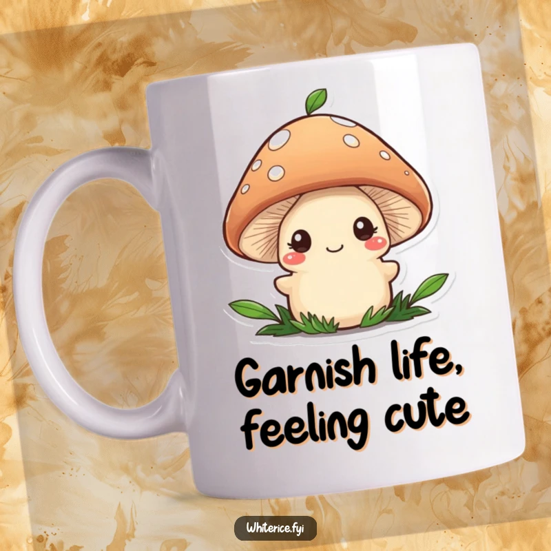 Funny mushroom mug with a wobbly brown character shyly smiling while adding a food garnish, a cute culinary character.