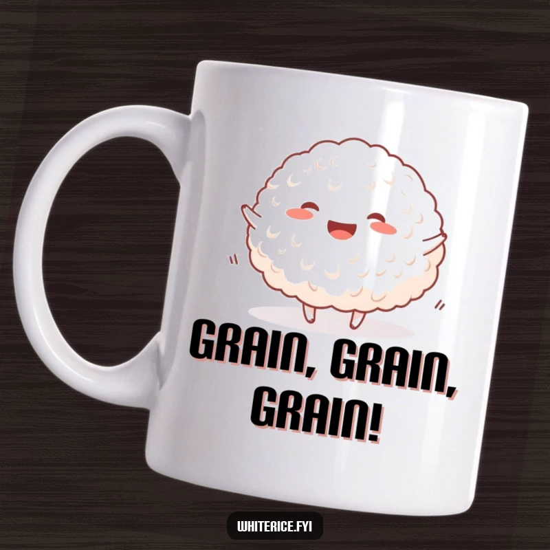 Funny happy rice mug featuring a joyful mound of white rice doing a little bounce, spreading happiness.