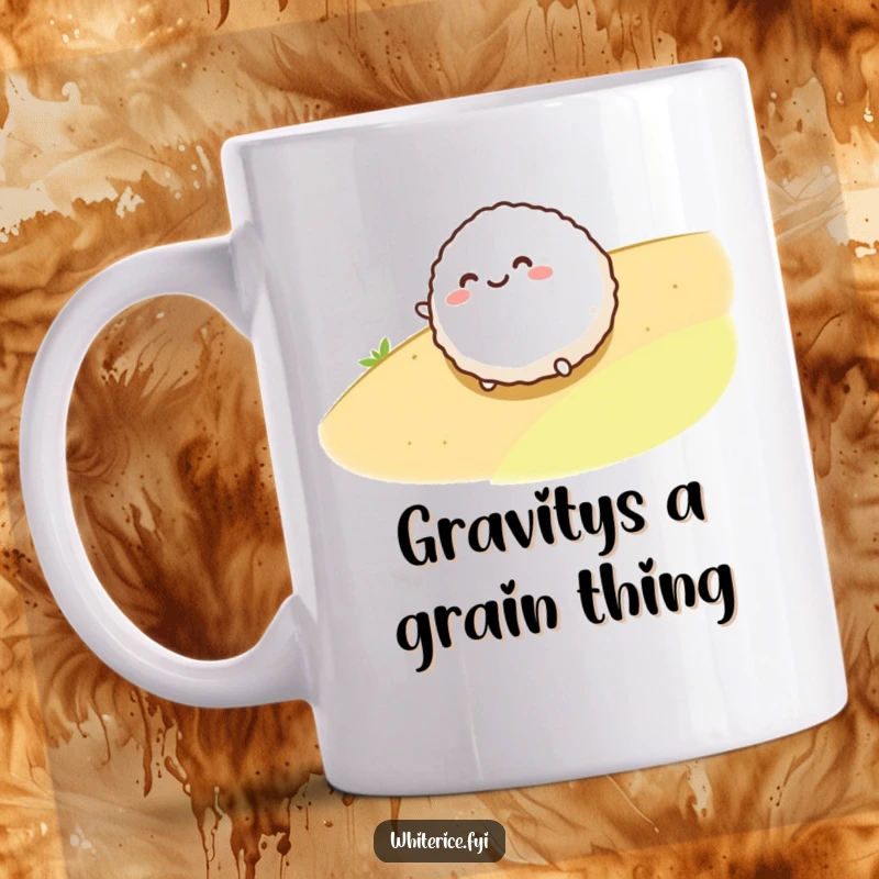 Funny mug featuring a cheerful, round rice ball character joyfully rolling down a grassy slope, spreading happiness and laughter.