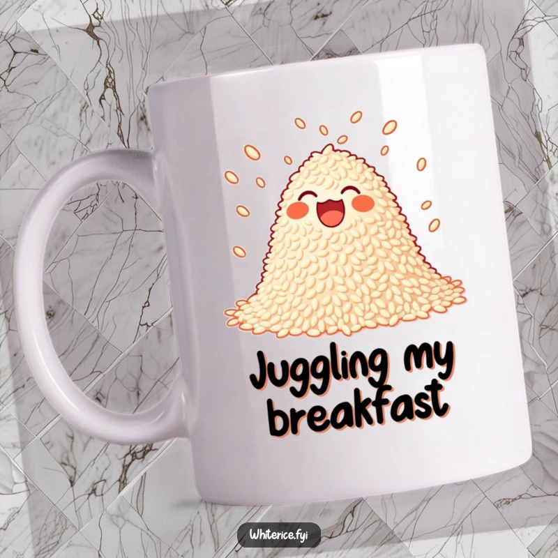 Funny juggling rice mug featuring a joyful pile of rice playfully tossing small grains in the air.