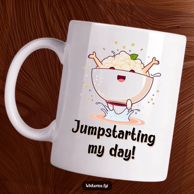 Funny kawaii rice bowl performing a joyful jump with a splash, an energetic and hilarious mug for food lovers, perfect gift.
