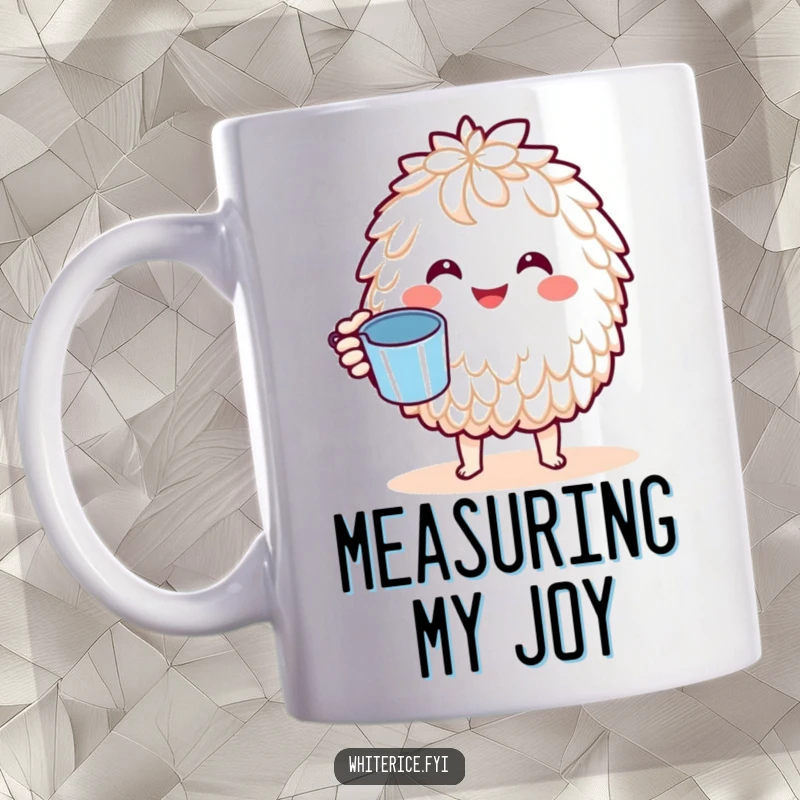 Funny Basmati Rice Mug: A joyful Kawaii character holding a tiny measuring cup, representing precision, happiness, and culinary adventures, a cheerful gift.