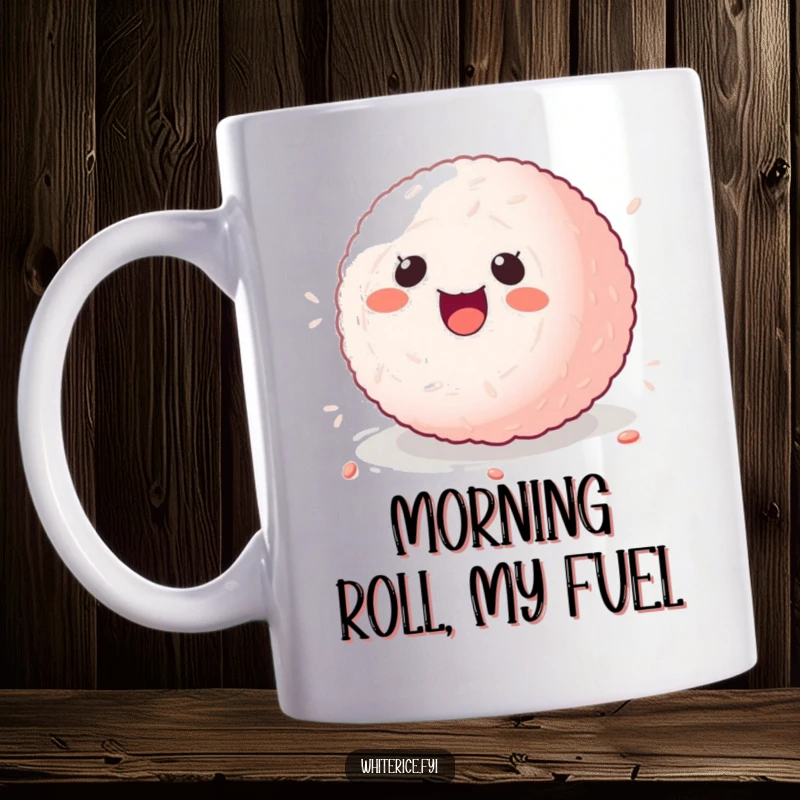 Funny kawaii sticky rice ball mug, character rolling with delight, symbolizing pure joy and food love.