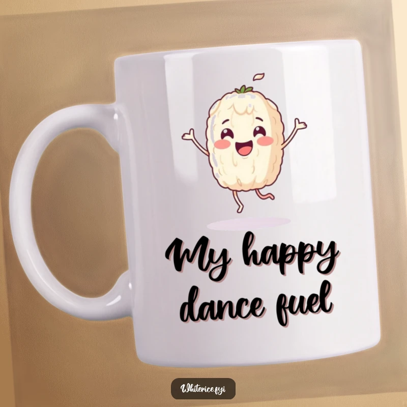 Funny mug featuring a joyful rice grain character dancing with pure elation, spreading happiness and positive vibes.