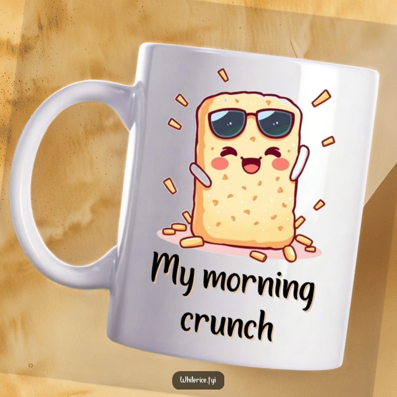Funny kawaii rice cracker mug depicting a cheerful snack snapping triumphantly, designed for humor lovers.