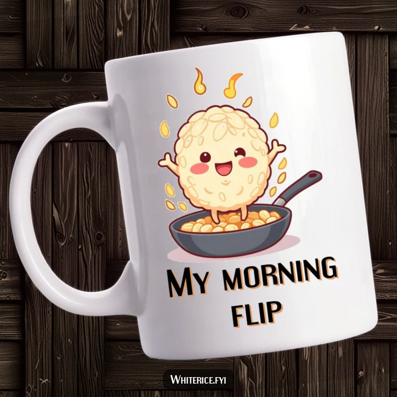 Funny rice grain character with tiny legs enthusiastically flipping in a hot pan, great for a funny gift mug.