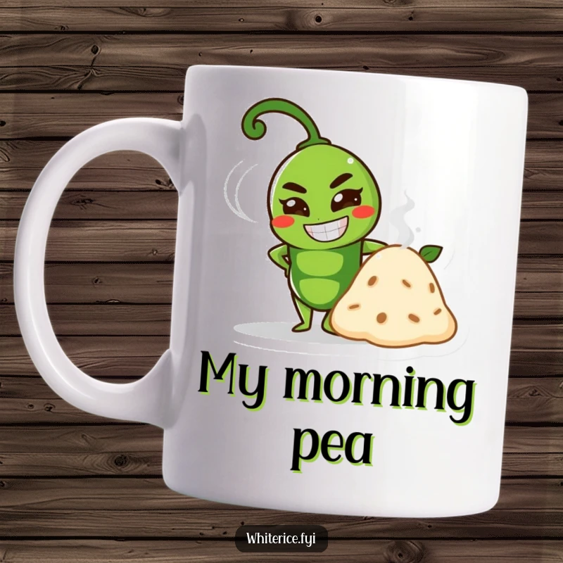 Funny green pea character with a determined grin posing by a steaming mound on a funny mug.