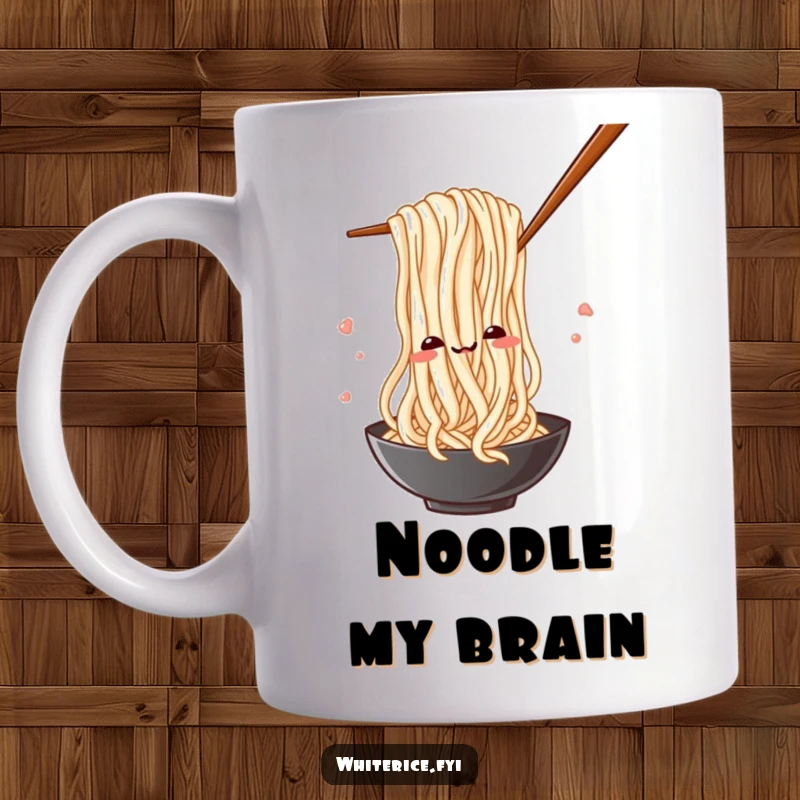 Funny mug showing a silly rice noodle playfully weaving through chopsticks with a mischievous grin.
