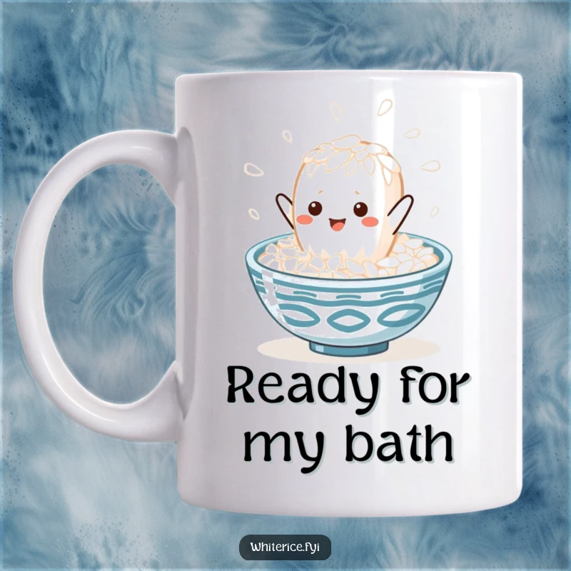 Funny kawaii white rice grain character joyfully leaping into a steaming bowl of rice, depicted on a mug, symbolizing delicious comfort.