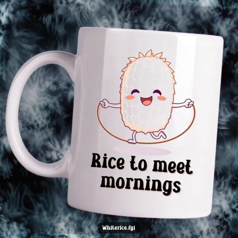 Funny mug featuring a happy, anthropomorphic white rice grain joyfully jumping rope, celebrating healthy fun.