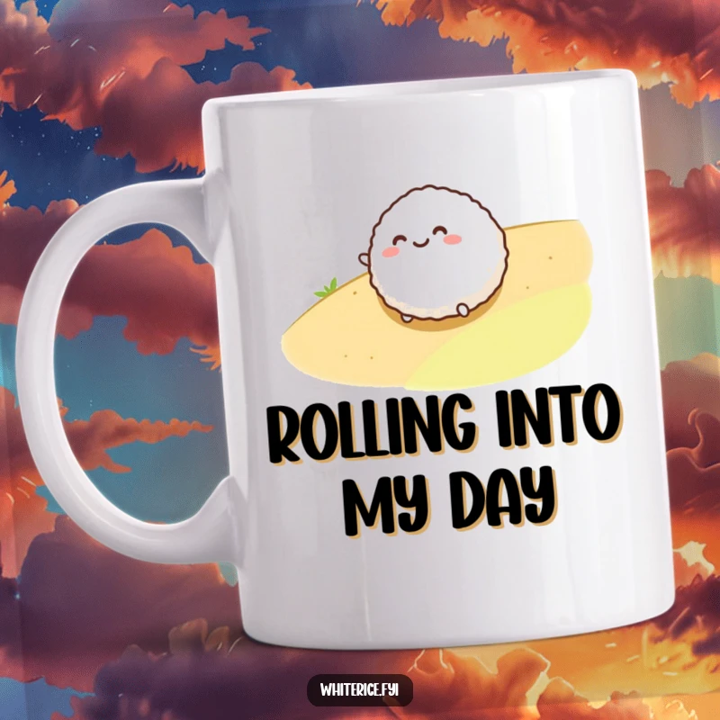 Funny mug featuring a smiling, round rice ball character rolling playfully down a gentle slope with a happy expression.