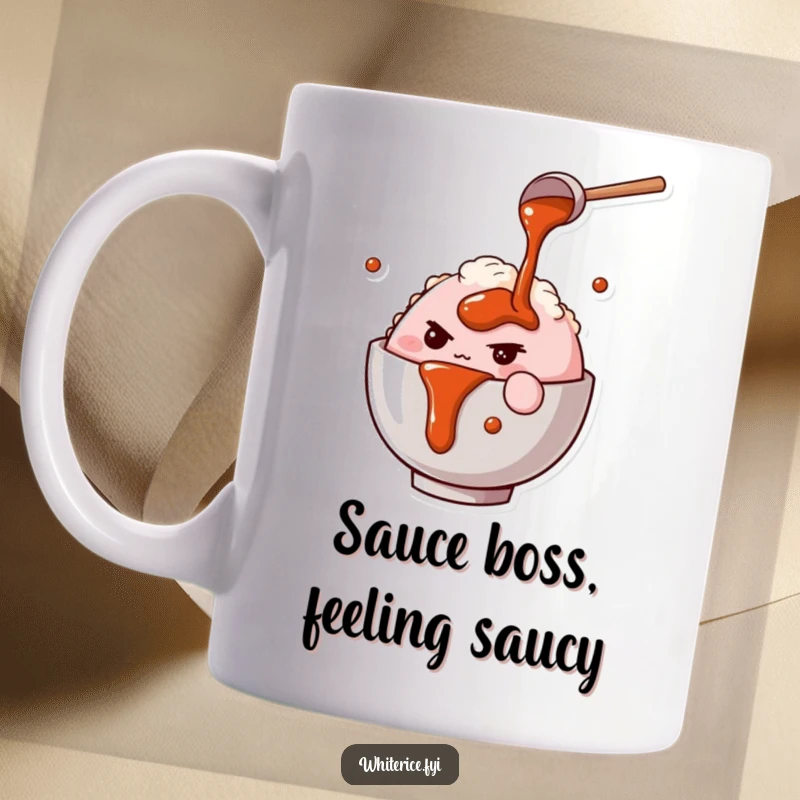 Funny rice bowl mug with determined pink character intently pouring savory sauce, a comical kitchen art piece.