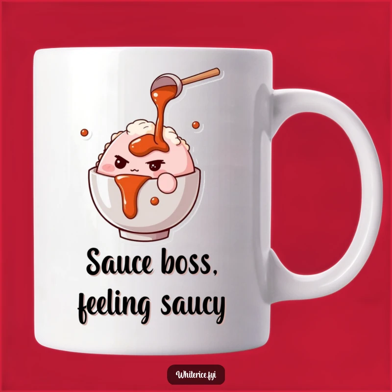 Funny Rice Bowl Chef Mug: Determined Character Pouring Sauce, a Hilarious Gift Idea