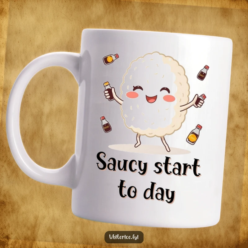 Funny mug showcasing a happy, plump white rice grain character skillfully juggling tiny soy sauce bottles, a delightful culinary scene.