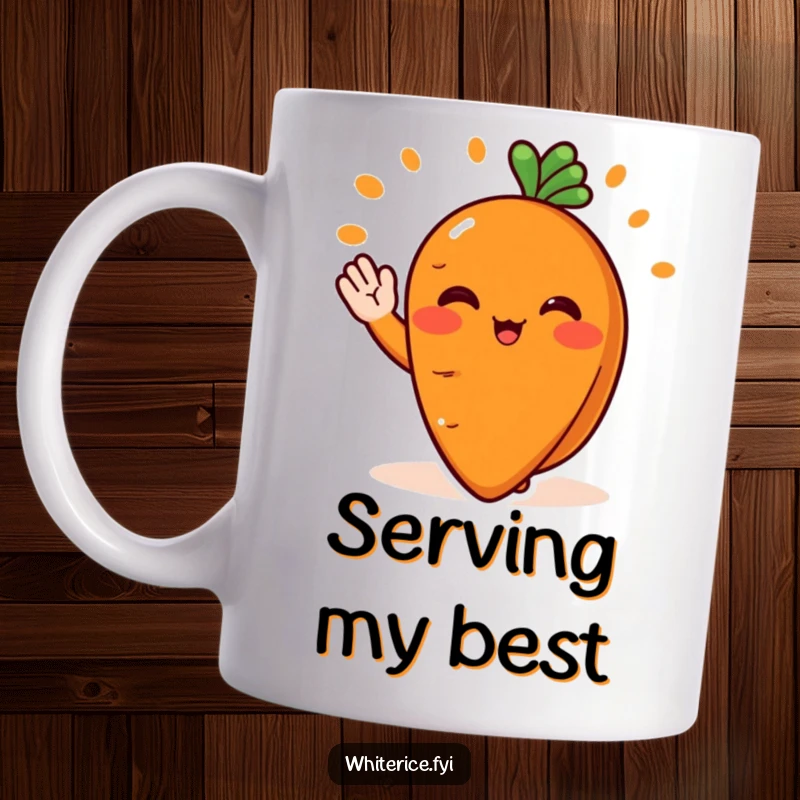 Funny carrot mug with a blushing orange slice character cheerfully waving and serving food, a cute vegetable character.