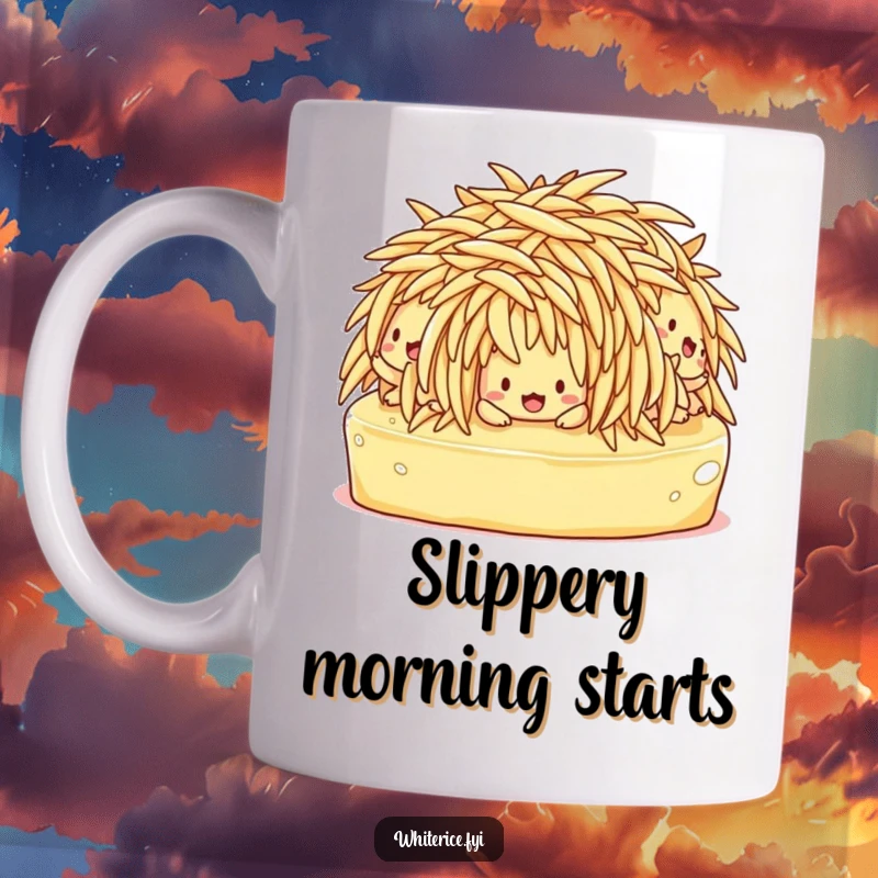 Funny mug depicting a confused clump of rice characters comically slipping and sliding on a slick patch of butter.