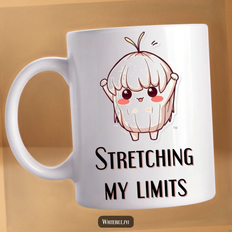 Funny Sticky Rice Mug: A determined Kawaii character comically stretching like taffy, showcasing its unwavering, flexible spirit, perfect for morning laughs.