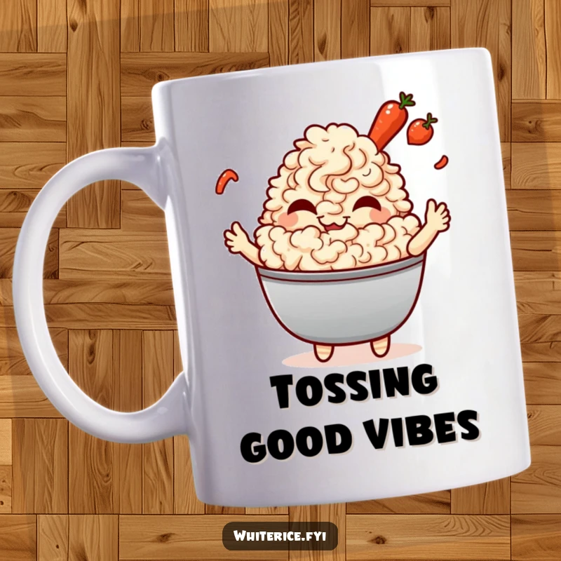 Funny Fried Rice Mug: A giggling Kawaii character gleefully tossing tiny vegetables, showcasing a joyful and humorous culinary spirit, perfect for coffee lovers.