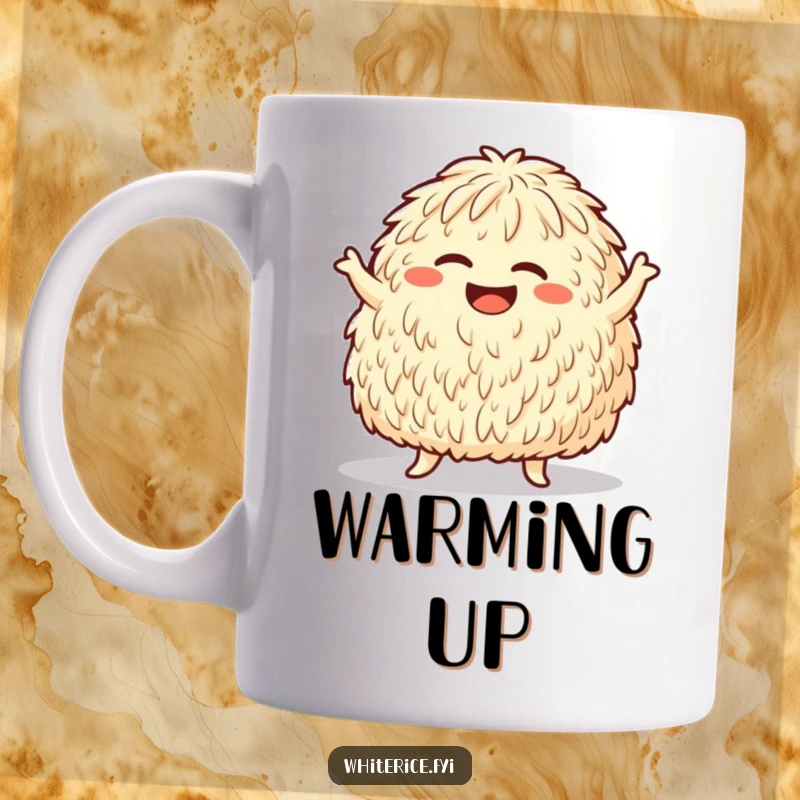 Funny mug featuring a giggling rice mound performing a silly dance move, radiating pure, unadulterated fun.