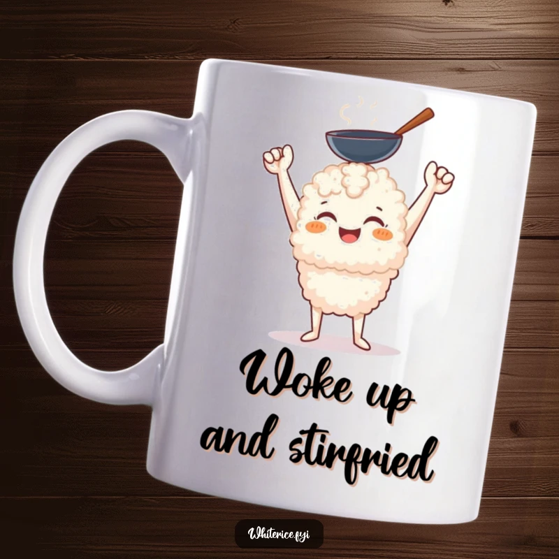 Funny cheerful white rice character with a triumphant smile holding aloft a miniature wok, a funny kitchen mug.