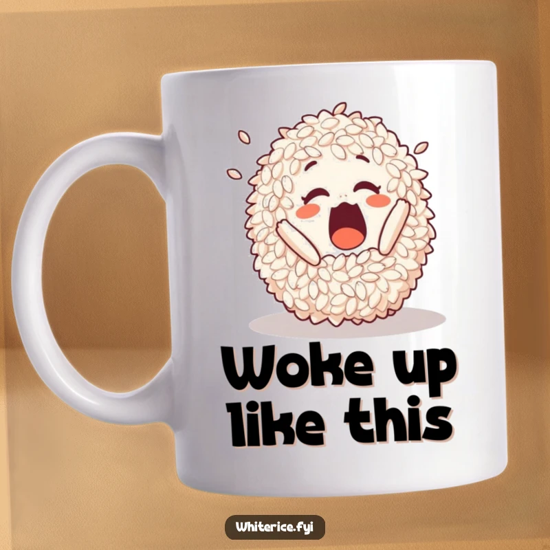 Funny mug featuring a surprised pile of rice playfully tumbling, captured mid-fall with a comical expression.