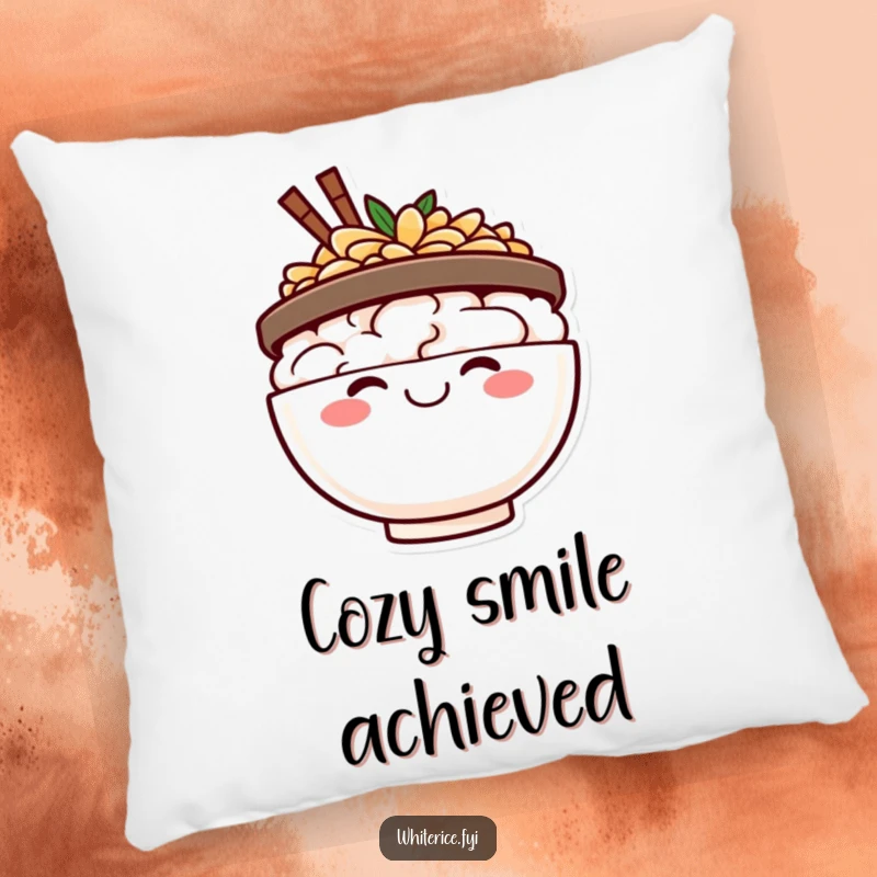 Funny happy rice bowl pillow, beaming with a wide smile, a soft and humorous accent for cheerful spaces.