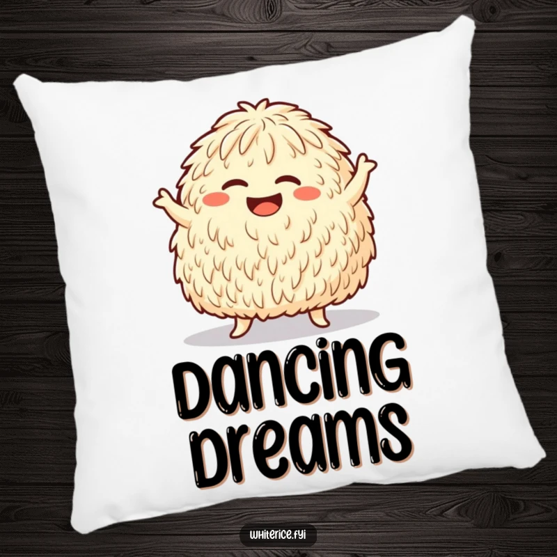 Funny pillow featuring a giggling rice mound doing a silly dance move, providing comfort and a dash of pure fun.