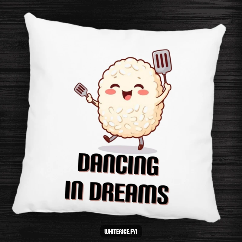 Funny, cheerful rice character happily dancing with a tiny spatula, printed on a soft, decorative pillow.