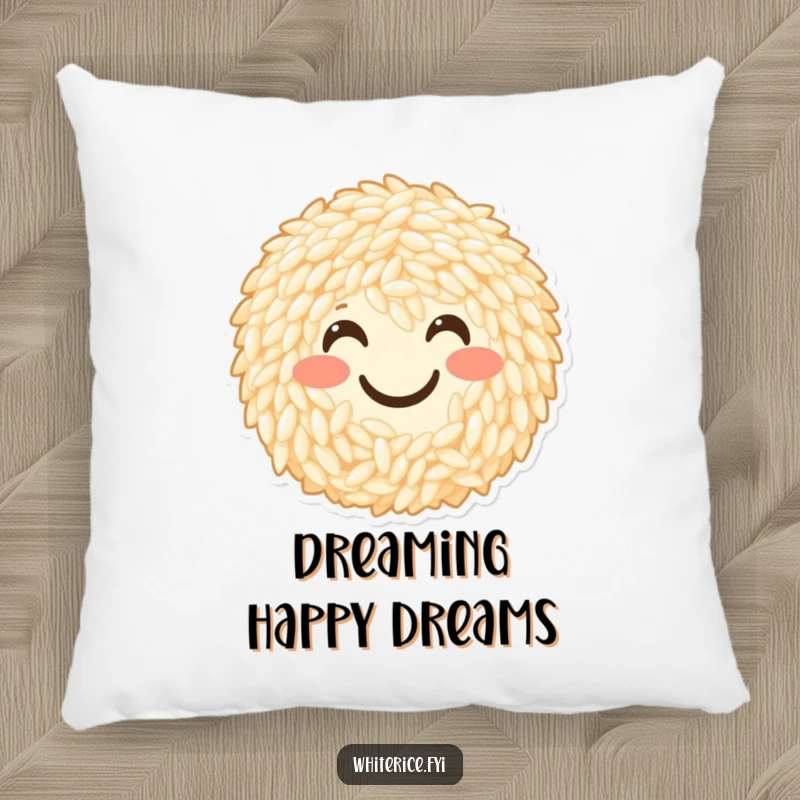 Funny pillow featuring a cheerful bunch of rice grains forming a happy smiley face. Soft, comfortable, and humorous.