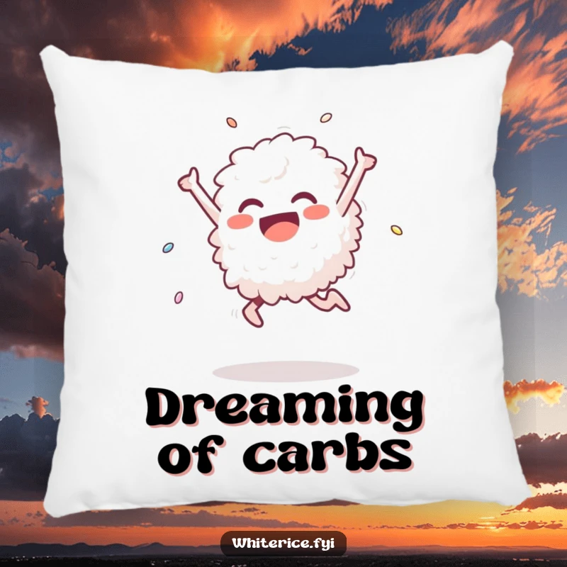 Funny pillow featuring a delighted white rice grain in a triumphant leap, offering comfort and a humorous touch to any living space or bedroom.