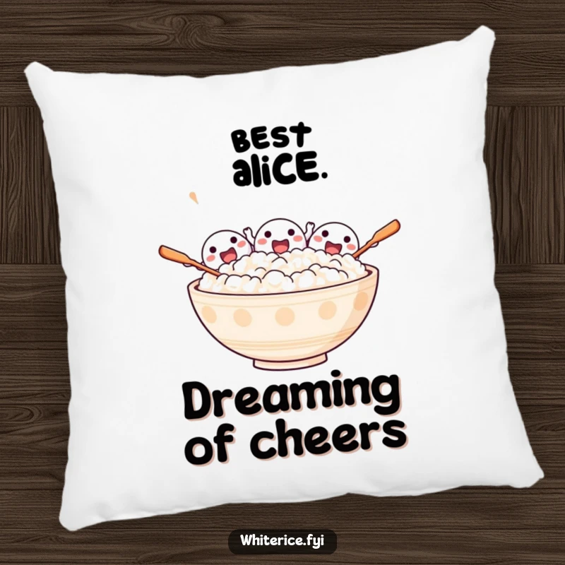Funny pillow featuring an excited bowl of rice characters cheerfully cheering with tiny spoons, perfect for cozy fun.