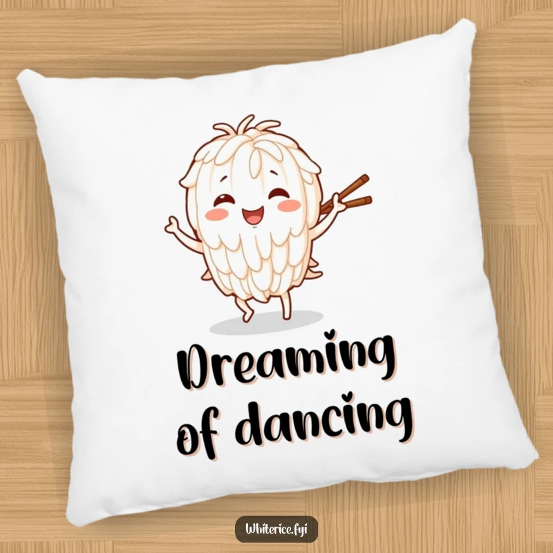 Funny pillow with a smiling rice character in a joyful dance, holding chopsticks, offering soft comfort and a festive design.