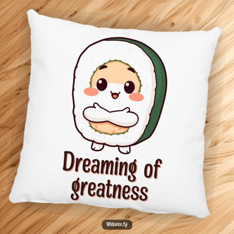 Funny Proud Sushi Pillow featuring a beaming Kawaii sushi roll character with crossed arms, offering soft comfort and confident, delicious humor.