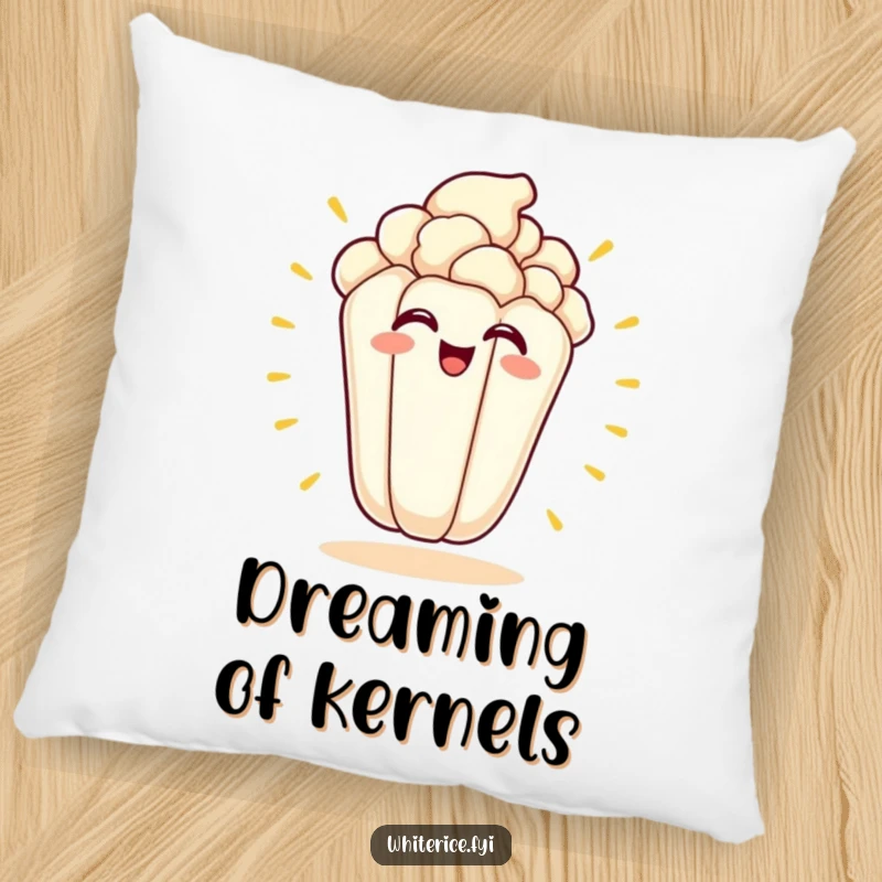 Funny kawaii pillow featuring an excited, grinning popcorn kernel in the act of popping.