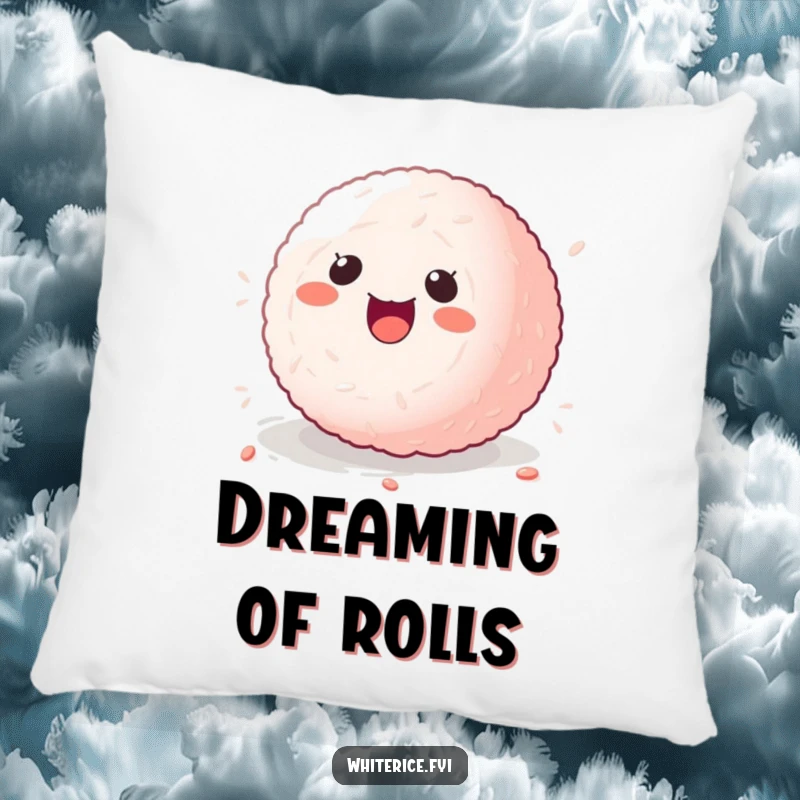 Funny kawaii sticky rice ball pillow, character rolling with delight, soft and amusing cushion.