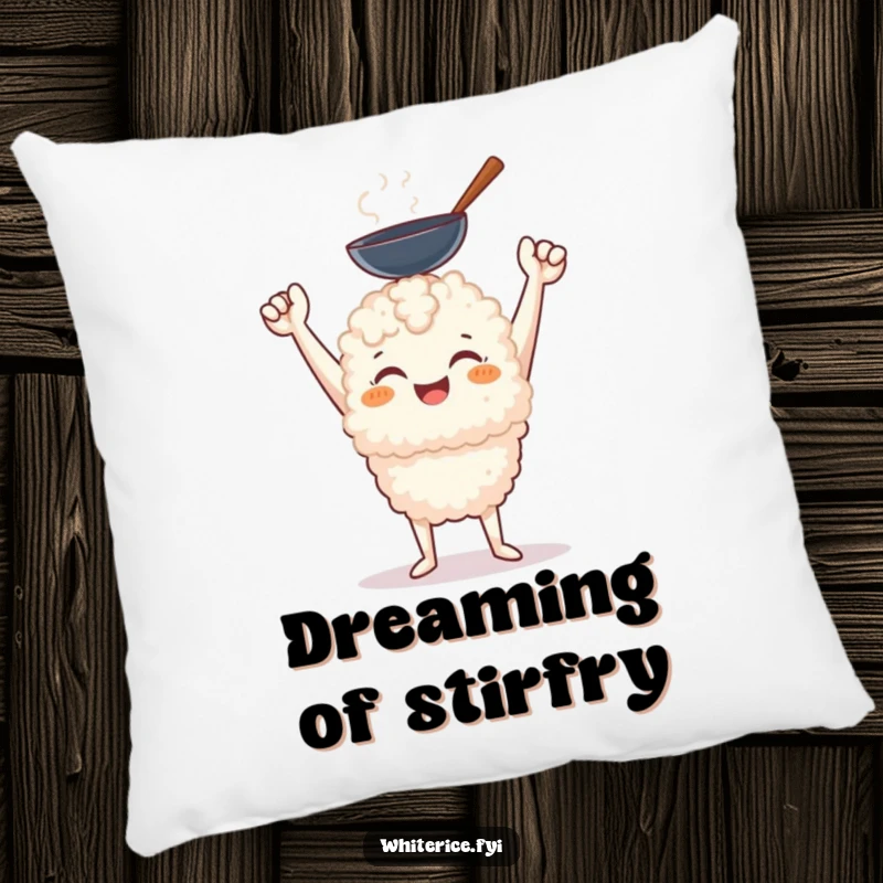 Funny cheerful white rice character holding a miniature wok with a triumphant smile on a soft pillow.