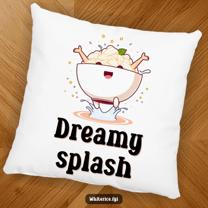 Funny kawaii rice bowl pillow performing a joyful jump with a splash, soft and hilarious comfort for home, perfect funny gift.