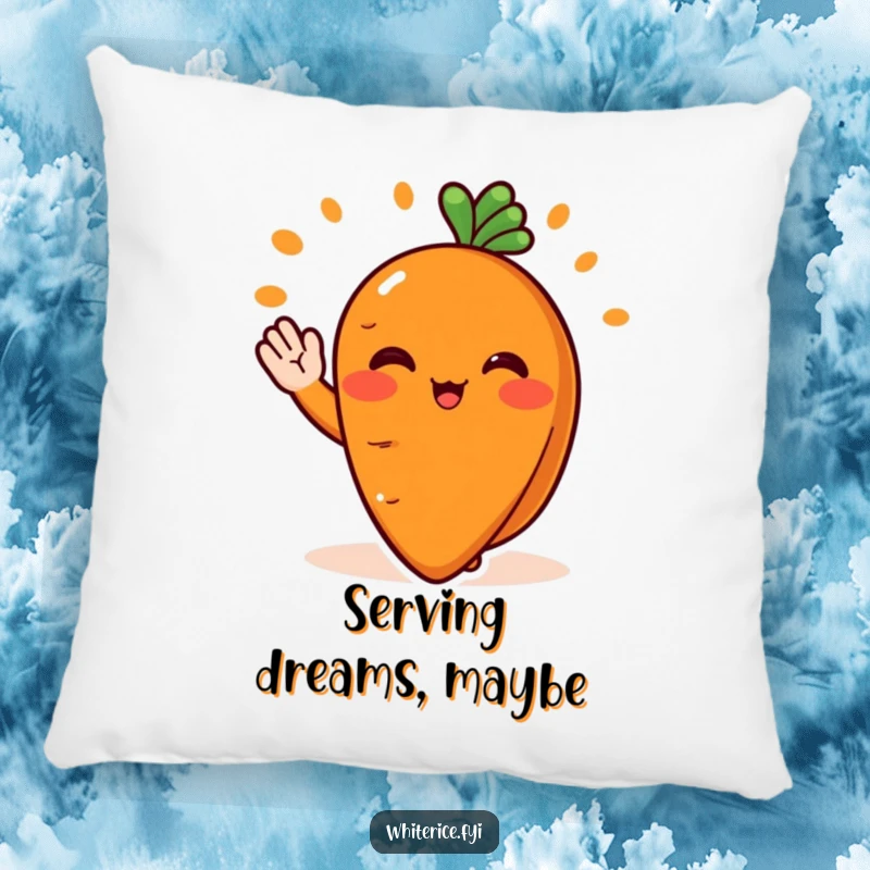 Funny pillow featuring a blushing orange carrot slice character serving food with a cheerful wave, a soft and humorous item.