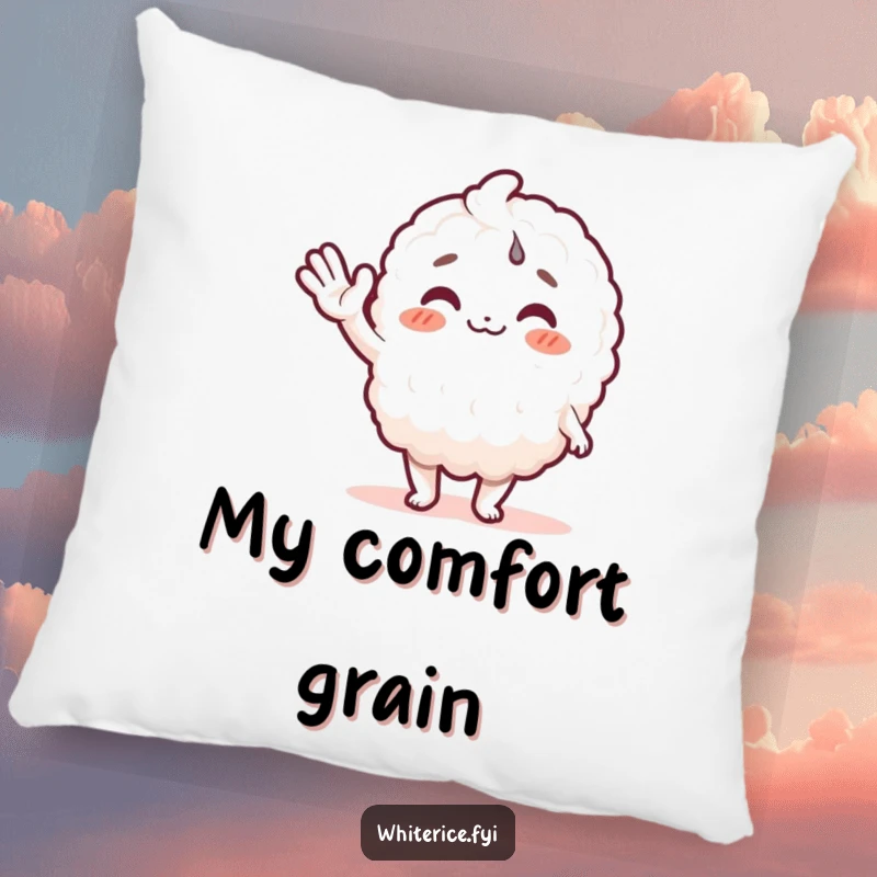 Funny rice character pillow featuring a soft, smiling white rice grain character waving a friendly greeting upon a comfy cushion.