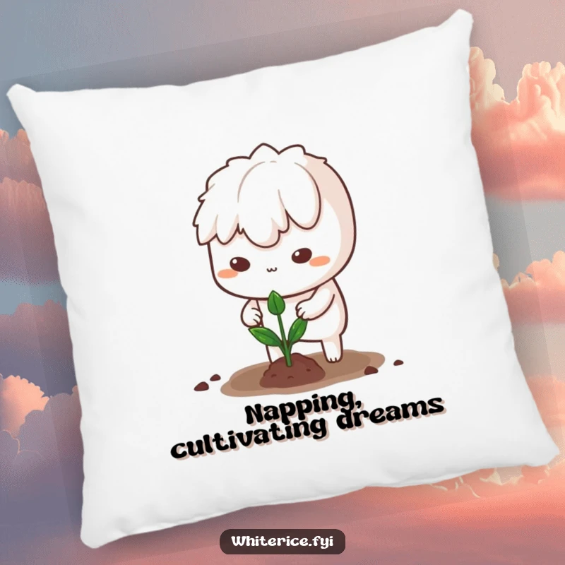 Funny pillow featuring a determined white rice character planting a sprout, for cozy determination.