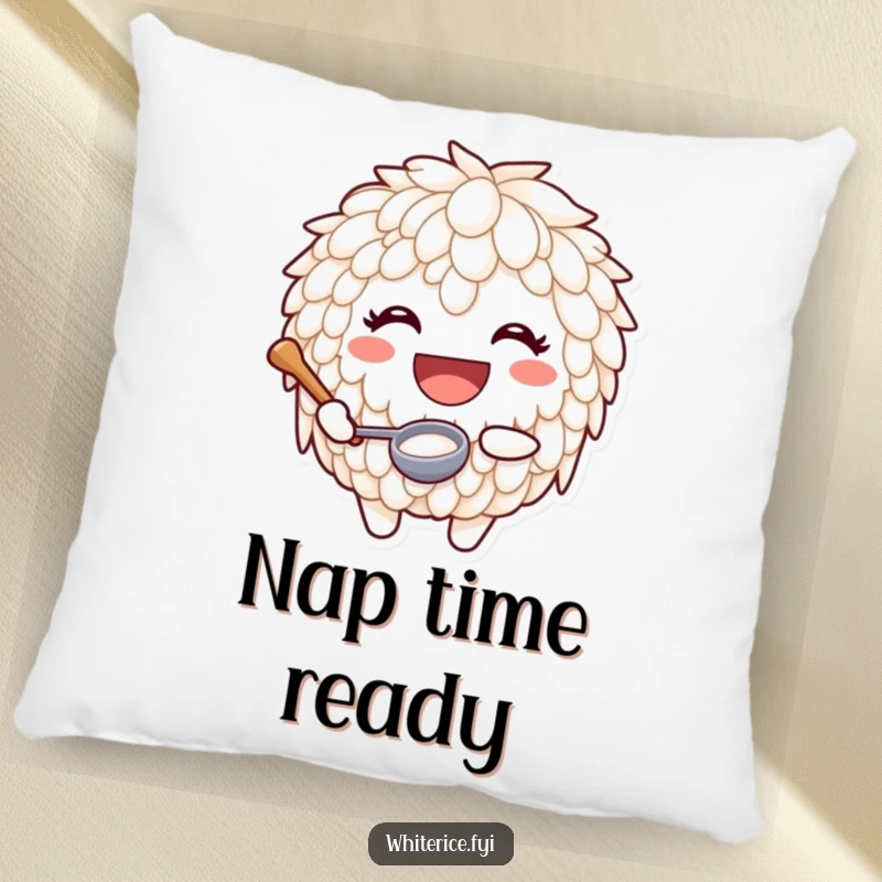 Funny pillow featuring a joyful rice character with a huge smile holding a tiny ladle, providing comfort and culinary cheer.