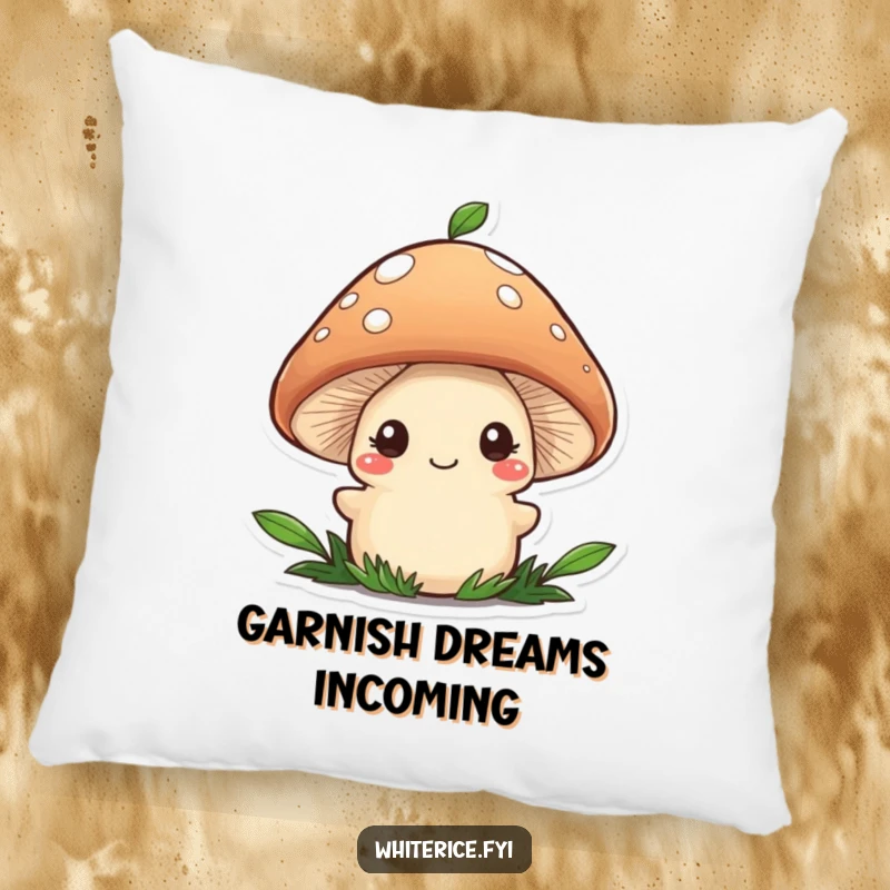 Funny pillow featuring a shy brown mushroom character adding a final garnish, a soft and humorous decorative item.