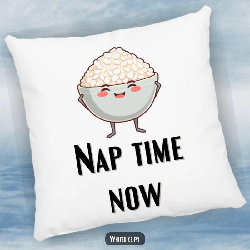 Funny proud rice bowl pillow featuring a smiling bowl of rice with tiny legs in a proud stance.