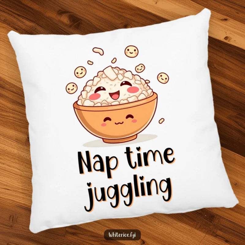 Funny pillow with a soft texture, showing a giggling rice bowl character juggling smiling grains, designed for comfort.