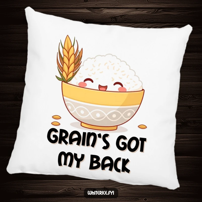 Funny pillow featuring a happy rice bowl peeking from behind a large grain, a soft and humorous decorative item.