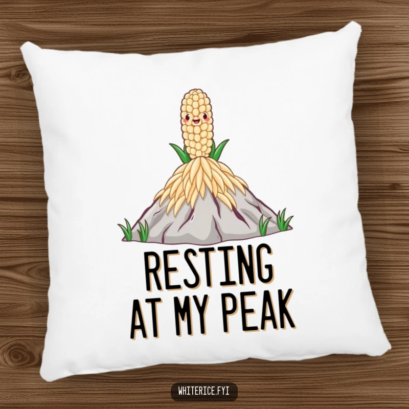 Funny Rice Grain Pillow showcasing a proud rice grain on a mountain of rice, offering comfort and achievement-themed humor.
