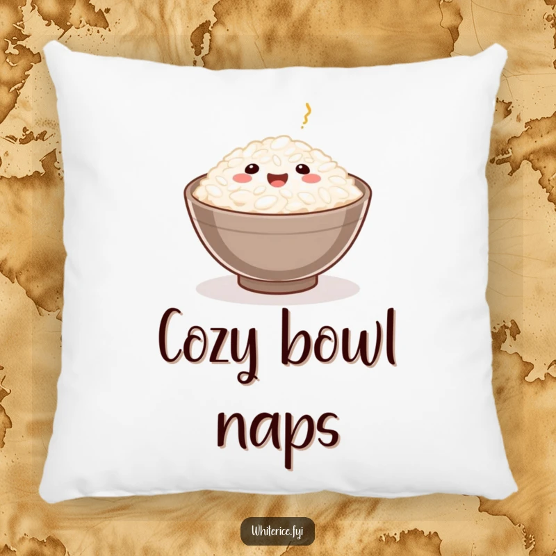 Funny Rice Grain Pillow showcasing a happy rice grain served in a small bowl, offering comfort and food-themed humor.