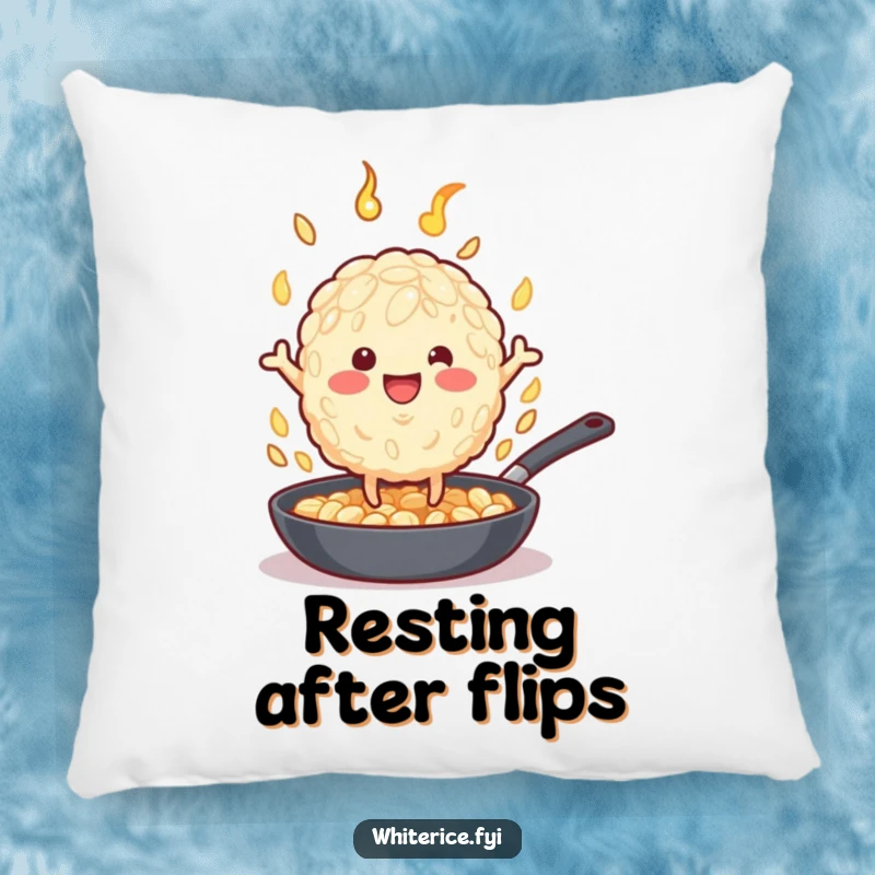 Funny happy beige rice grain character with tiny legs flipping in a hot pan, on a soft funny pillow.