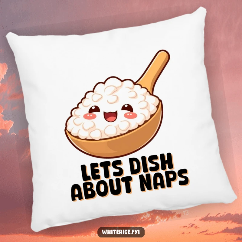 Funny pillow with a cheerful rice paddle holding a generous spoonful of fluffy rice, perfect for relaxation.